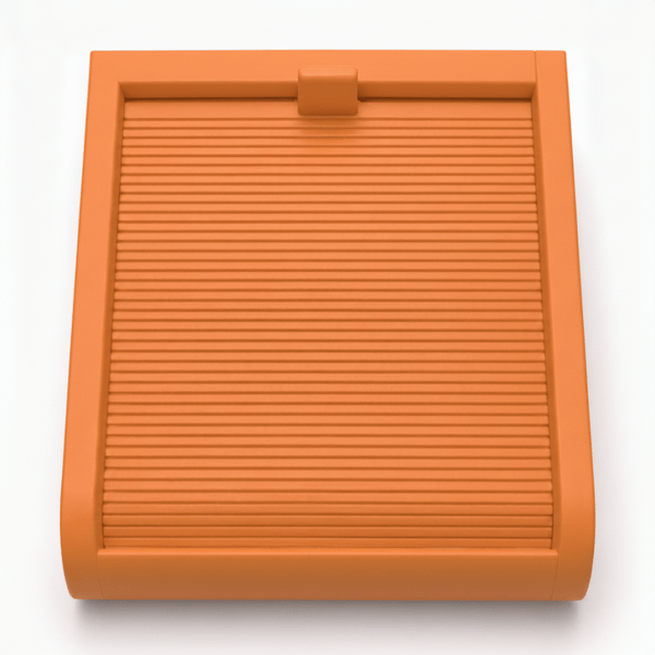 Liten orange låda med skjutbart lock för småsaker