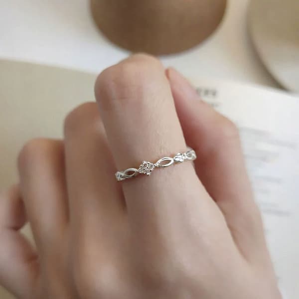 Tunn silverring justerbar 925 kristaller diamantprydnad