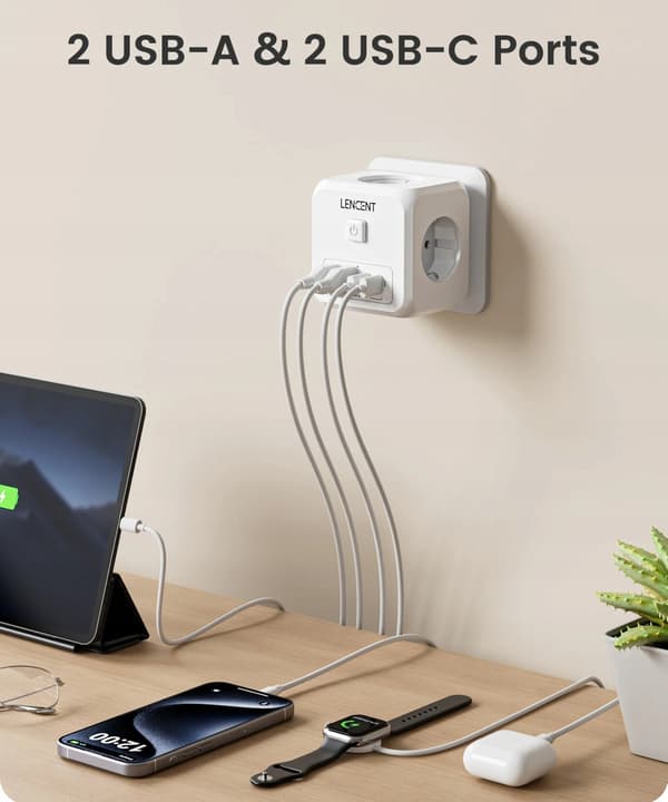 LENCENT PA037EU-2A2C strømskinne 7 stikkontakter inklusive 2x USB A, 2x USB C