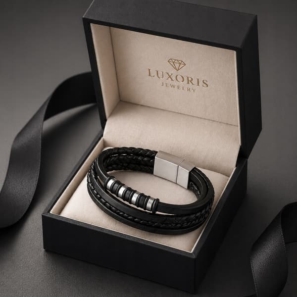 HERRLÄDERARMBAND SILVERFLÄTAT LÄDER GÅVA TILL HANDEN SVART