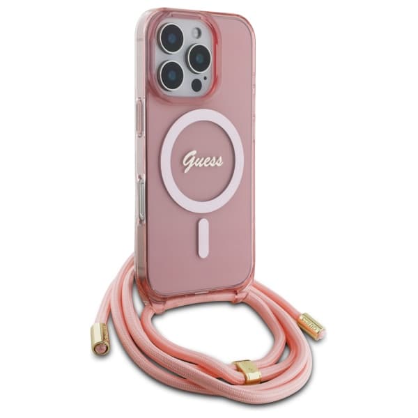 Guess Crossbody Cord Script MagSafe-etui til iPhone 16 Pro, lyserød