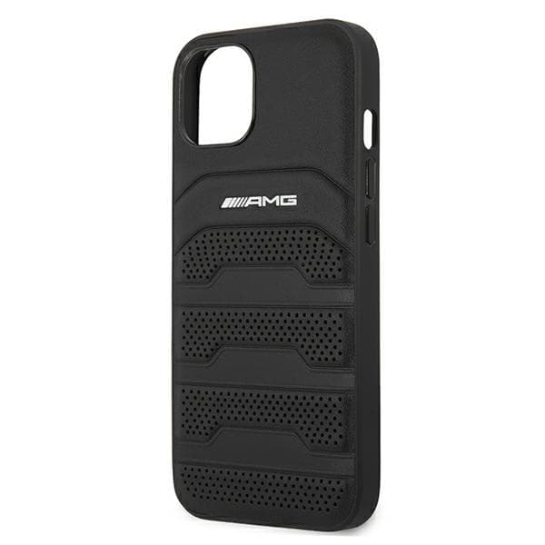 AMG lædercover med prægede linjer og sort logo til iPhone 13 mini, sort