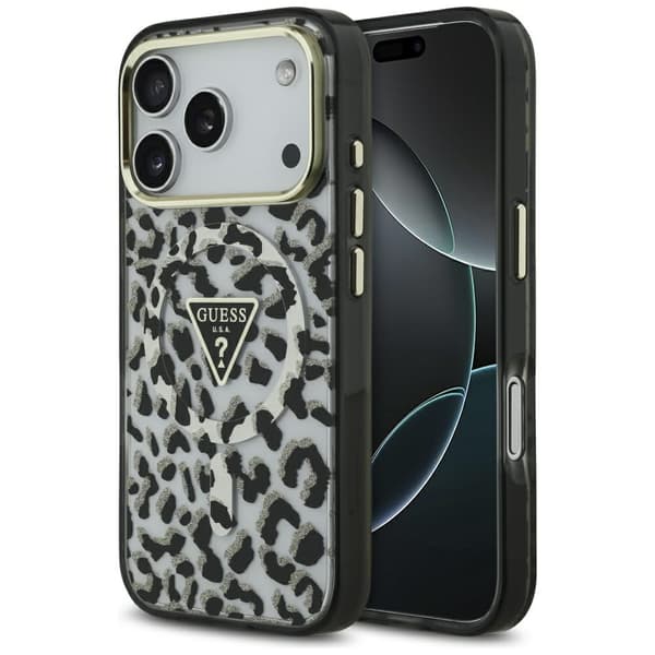Guess Leopard Glitter MagSafe-etui til iPhone 17 Pro, sort
