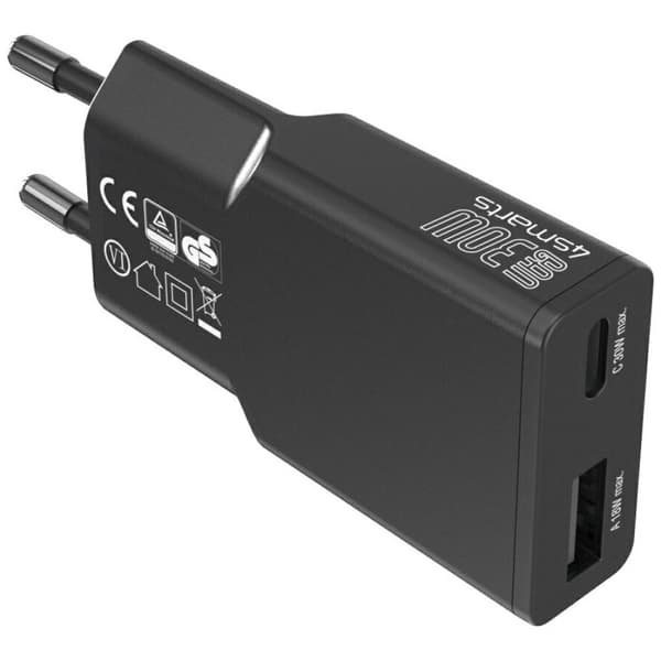 4smarts FlatPlug Duos 30W GaN USB-C/USB-A Vægoplader Sort