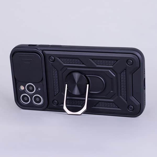Etui til iPhone 15 Pro Max, pansret slidering, sort + 9H glas