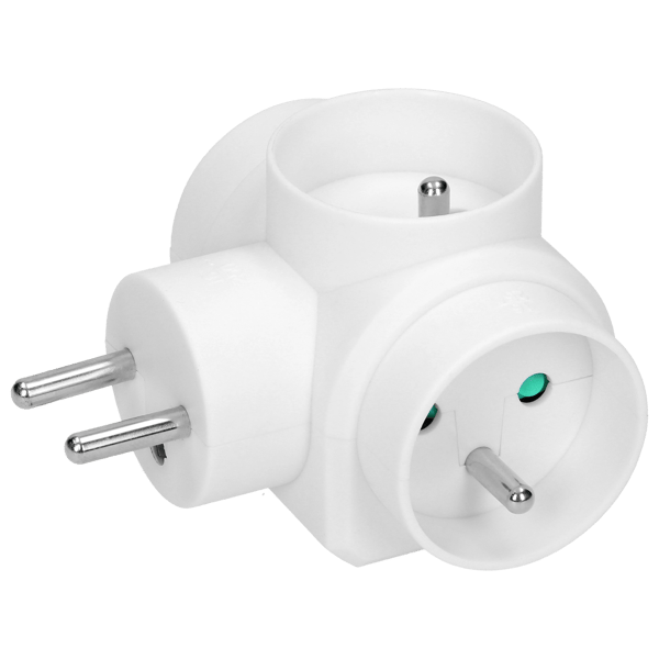 Elektrisk splitter, splitter, T-stykke med jordforbindelse, hvid
