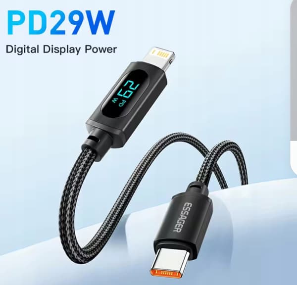 Essager 2m USB C Pd til belysningskabel til iPhone wattmeter LCD Fast 29W