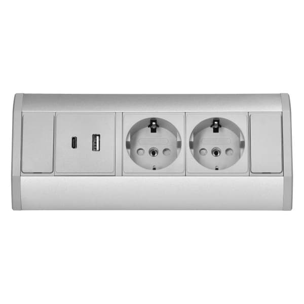 Tuplakalustepistorasia 2xSchuko 2xUSB tyyppi A+C 5V 2.4A harmaa-hopea