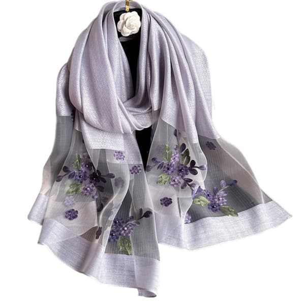 Lavendeltørklæde med broderede blomster 180x70 cm - silke med polyester