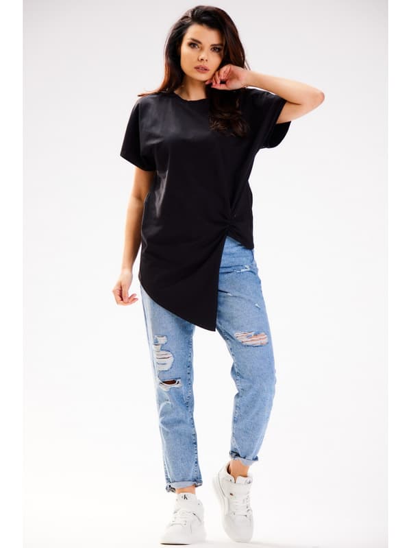 Asymmetrisk bomuldsbluse med korte ærmer, sort L/XL