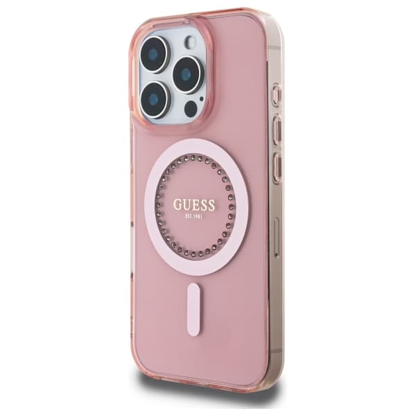 Guess IML Rhinestones MagSafe-etui til iPhone 16 Pro, lyserød