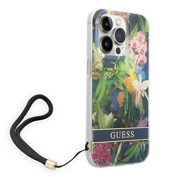 Guess Blommigt Remfodral till iPhone 14 Pro Max, Blå