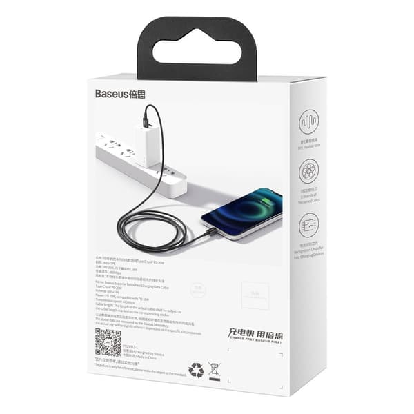 Overlegen USB-C iPhone Lightning-kabel til hurtig opladning 20W 1m sort