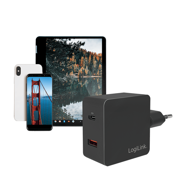 LogiLink USB-reseadapter 1xUSB-C PD + 1xUSB-A QC 18W snabbladdning