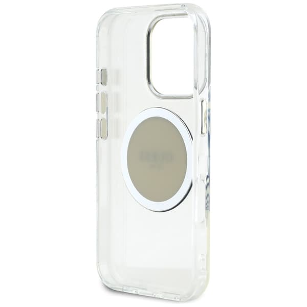 Guess IML Metal Colored Circle Classic Logo MagSafe -kotelo iPhone 16 Prolle, harmaa