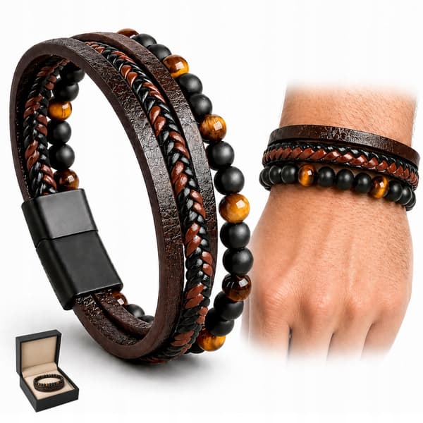 Herrflätat läderarmband justerbart tigeröga 19-23cm gåva