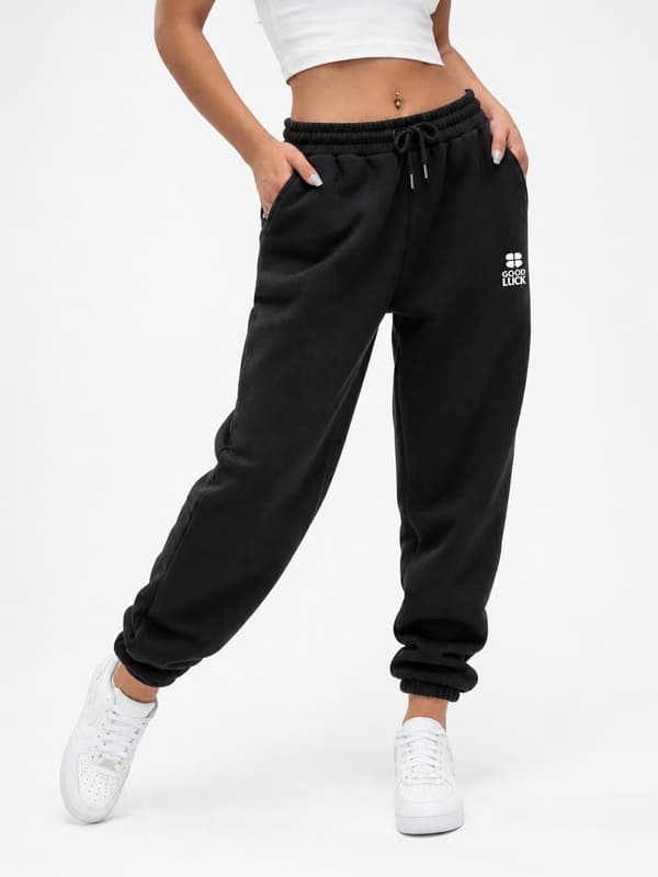 Sorte joggingbukser med GOOD LUCK-logo, M til damer