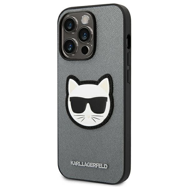 Karl Lagerfeld Saffiano Choupette Head Patch-etui til iPhone 14 Pro, sølv