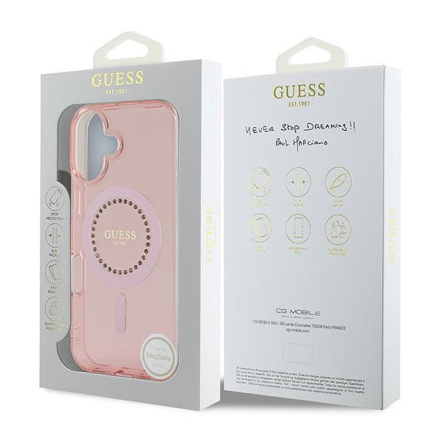 Guess IML Rhinestones MagSafe-etui til iPhone 16, lyserød