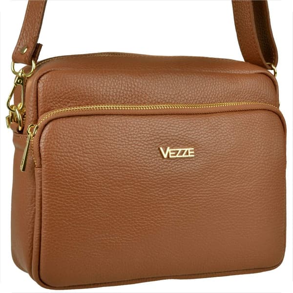 Moderne læder messenger taske, kamelbrun, gulddetaljer, vezze