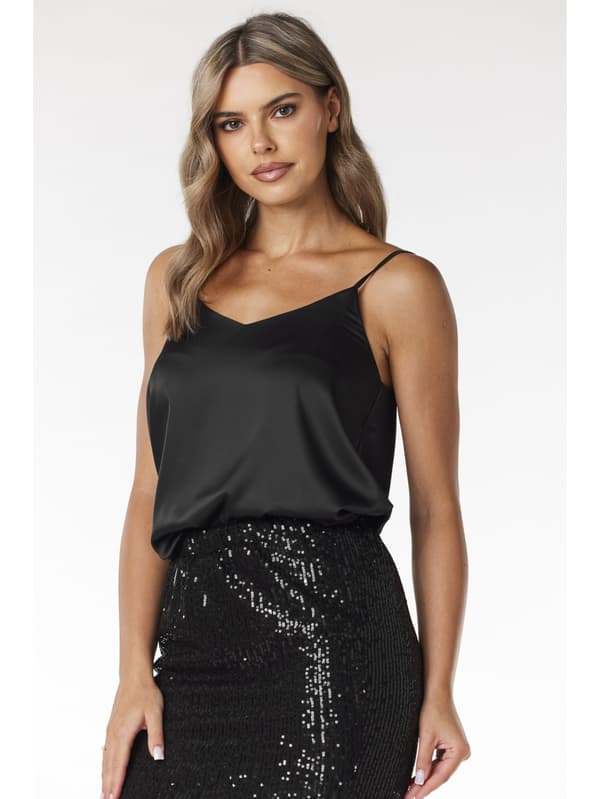 Satin tanktop med V-hals - Sort XL