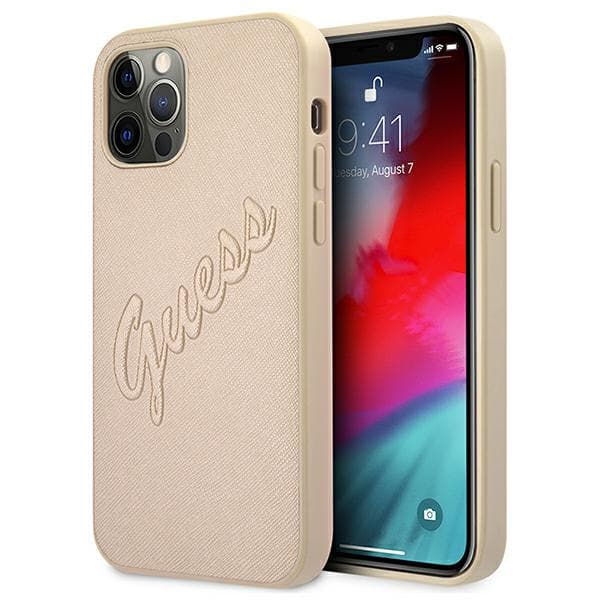 Guess Saffiano Vintage Script-etui til iPhone 12 Pro Max, guld