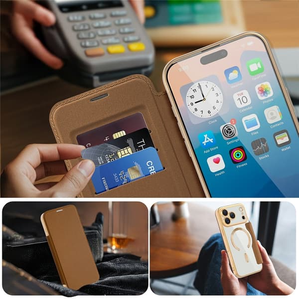 iPhone 17 Pro Max Flip-cover, RFID-pung MagSafe med kamerabeskyttelse, brun
