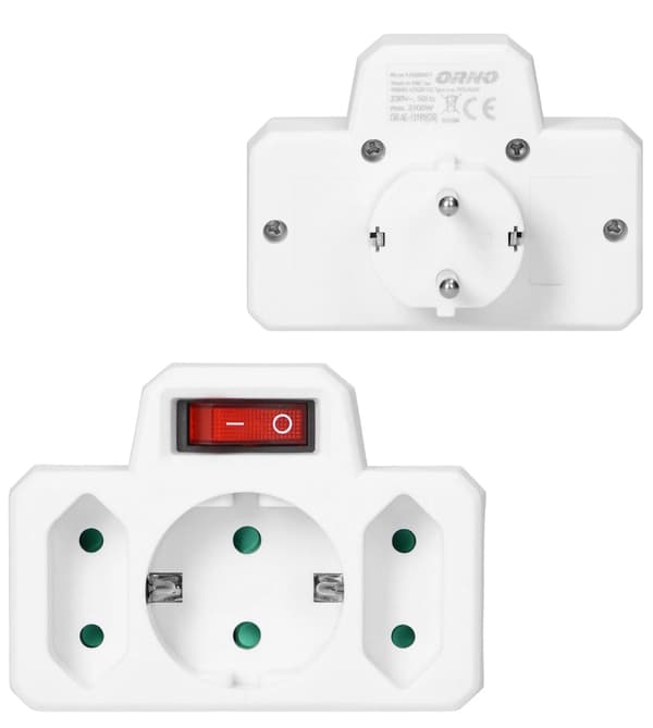 Elektrisk splitter, trebenet, 1x Schuko, lysende afbryder