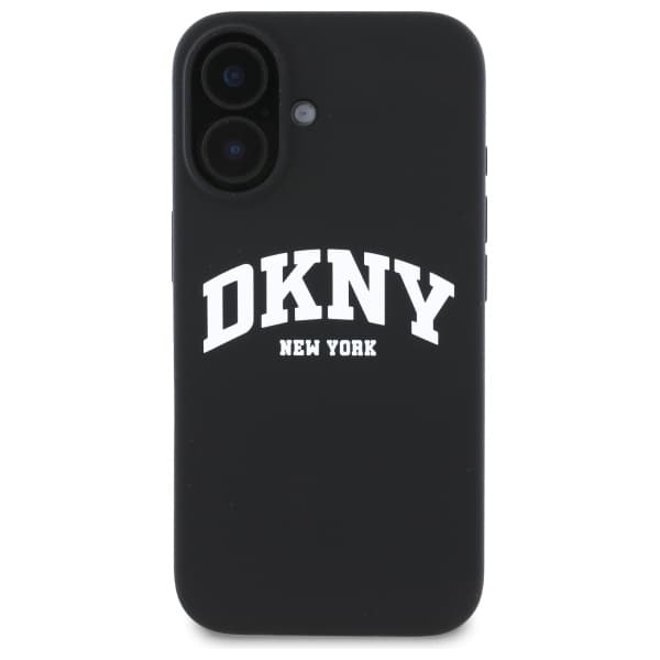 DKNY Liquid Silicone White Printed Logo MagSafe-etui til iPhone 16, sort