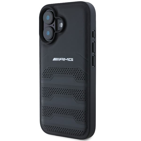 AMG lædercover med prægede linjer og sort logo til iPhone 16, sort