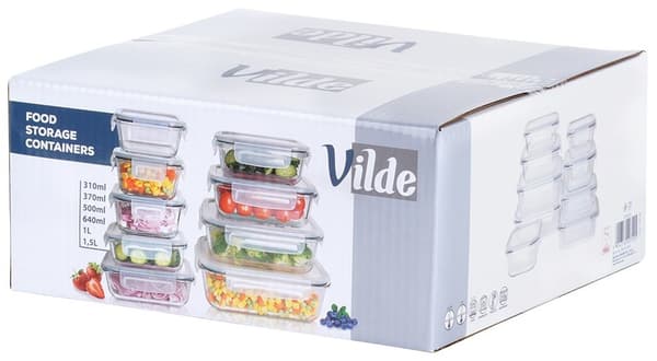 Vilde glasbehållare för mat med lock och försegling, 9 st.