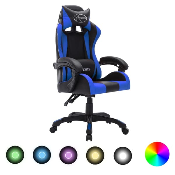 vidaXL gamingstol med RGB LED, blå og sort, kunstlæder