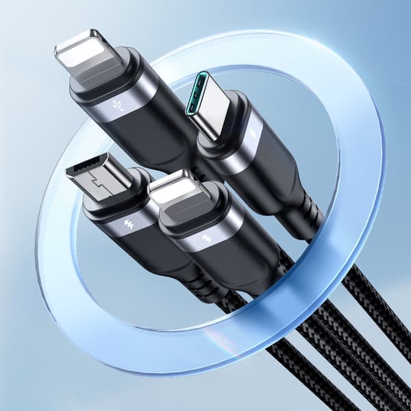 4in1-kaapeli USB-A - USB-C 2x iPhone Lightning microUSB 1.2m musta