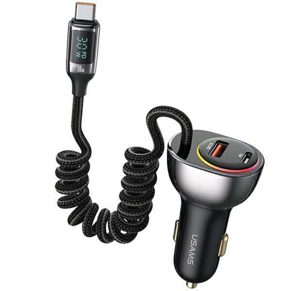 USAMS C37 Biloplader 1xUSB+1xUSB-C 60W + USB-C 30W PD+QC Hurtigopladerkabel Sort