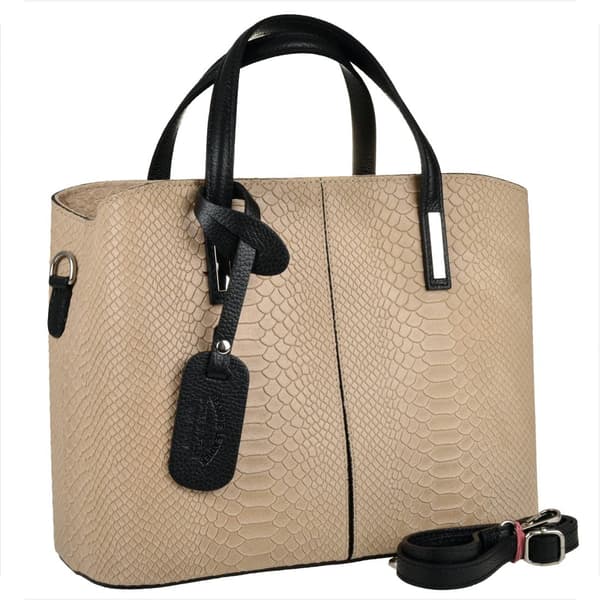 Läderhandväska, ormskinnsmönster, beige