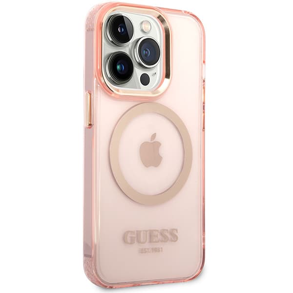 Guess Gold Outline Translucent MagSafe-etui til iPhone 14 Pro Max, lyserød