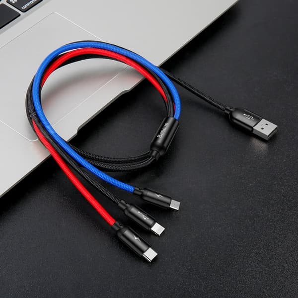 Holdbart 3-i-1 USB microUSB iPhone Lightning USB-C 3.5A 1.2M sort kabel