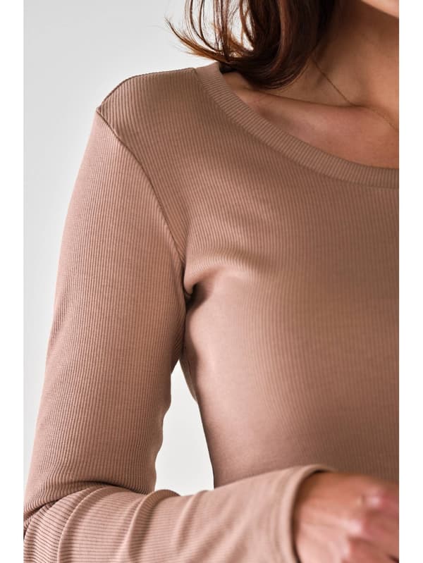 Basis ribbet bomuldsbluse, beige L