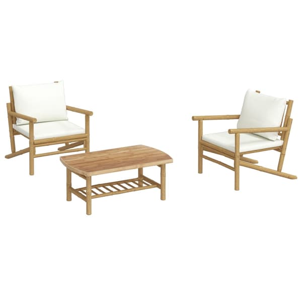 vidaXL 3-delat trädgårdsmöbelset, krämfärgade dynor, bambu