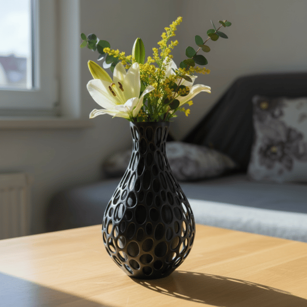 Dekorativ vase til blomster, gennembrudt, sort, moderne design
