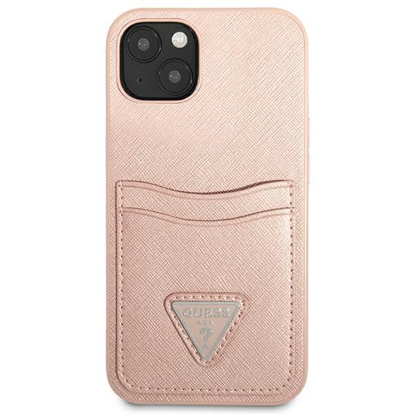Guess Saffiano Triangle Logo Cardslot-etui til iPhone 13, lyserød