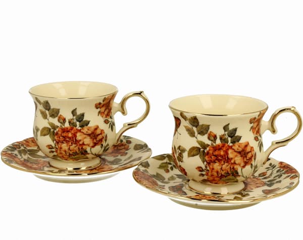Set med 2 koppar och fat i Herbal Rose-stil
