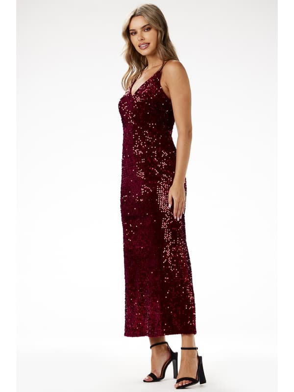 Paillette maxi aftenkjole med stropper, bordeaux M