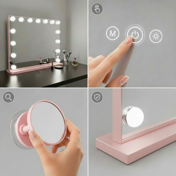 Hollywood sminkspegel 58x48 LED rosa