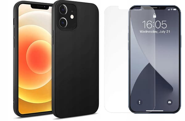 Etui til Apple iPhone 12 Mini, blødt, mat silikonebagside, sort + glas