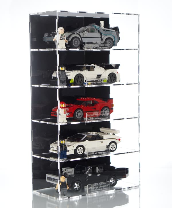 Boksdisplay til 5x Lego Speed Champions - navneskilt