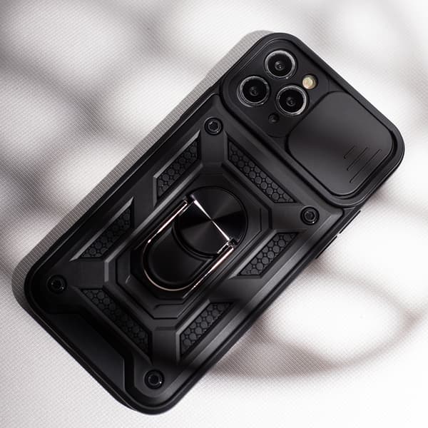 Etui til iPhone 15 Pro Max, pansret slidering, sort + 9H glas