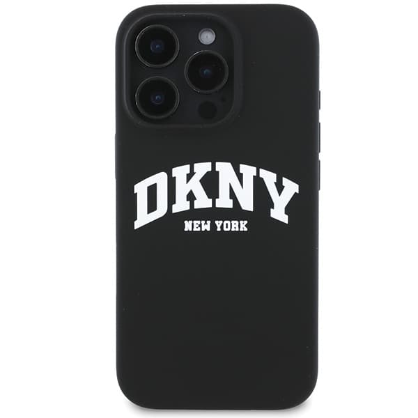 DKNY Liquid Silicone White Printed Logo MagSafe-etui til iPhone 16 Pro, sort