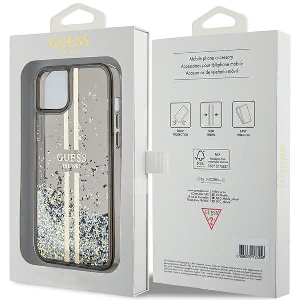 Guess Liquid Glitter Gold Stripes cover til iPhone 15 Plus, sort