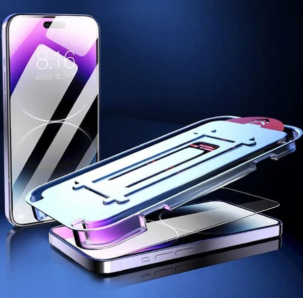 Hærdet glas til iPhone 15 Pro Max med positioneringsramme